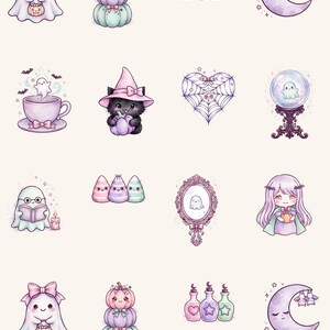 May include: A collection of pastel-colored stickers featuring ghosts, pumpkins, potion bottles, crescent moons, a black cat in a witch hat, a spider web heart, a crystal ball, a mirror, and a character with long purple hair.