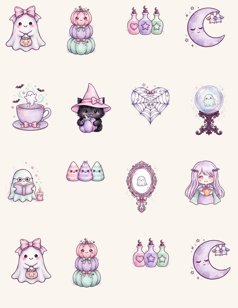 May include: A collection of pastel-colored stickers featuring ghosts, pumpkins, potion bottles, crescent moons, a black cat in a witch hat, a spider web heart, a crystal ball, a mirror, and a character with long purple hair.