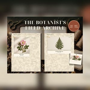 May include: The Botanist's Field Archive kit features two open pages with botanical illustrations of a pink Rosa canina flower and a green fern labeled Dryopteris filix-mas. Includes a small card, scissors, and twine on a dark surface.