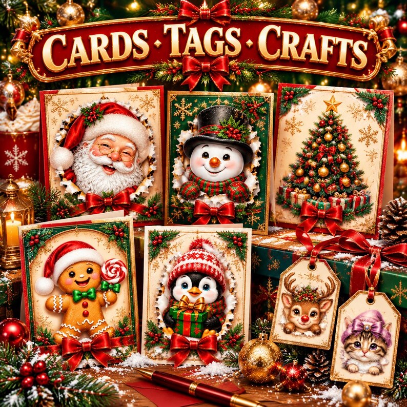 Paquete de imágenes prediseñadas navideñas Vol. 2 Parte 1 / 15 PNG transparentes / Papá Noel asomándose, muñeco de nieve, cachorro, gatito / Uso comercial imagen 5