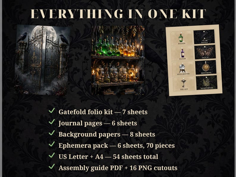 May include: A digital craft kit titled EVERYTHING IN ONE KIT featuring images of a gothic gate, potion bottles, and labels. The list includes: Gatefold folio kit 7 sheets, Journal pages 6 sheets, Background papers 8 sheets, Ephemera pack 6 sheets 70 pieces, US Letter + A4 54 sheets total, Assembly guide PDF + 16 PNG cutouts.