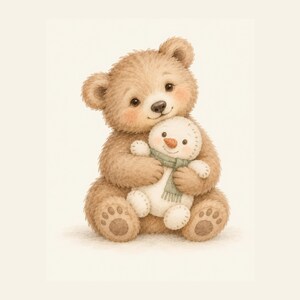 May include: A light brown teddy bear with soft fur, round ears, and rosy cheeks, sitting upright while holding a small white snowman plush toy. The snowman features a stitched face, a small orange carrot nose, and a sage green scarf.