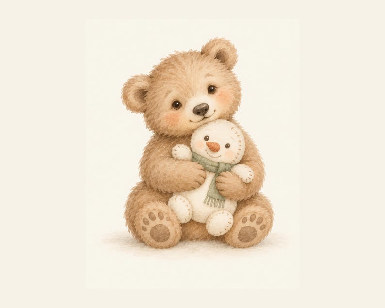 May include: A light brown teddy bear with soft fur, round ears, and rosy cheeks, sitting upright while holding a small white snowman plush toy. The snowman features a stitched face, a small orange carrot nose, and a sage green scarf.