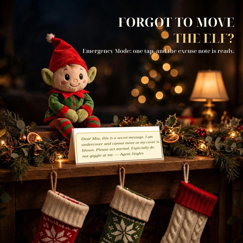 May include: A plush elf doll with a red hat and green outfit sits next to a white card featuring the text: FORGOT TO MOVE THE ELF? Emergency Mode: one tap, and the excuse note is ready. Dear Mia, this is a secret message. I am undercover.