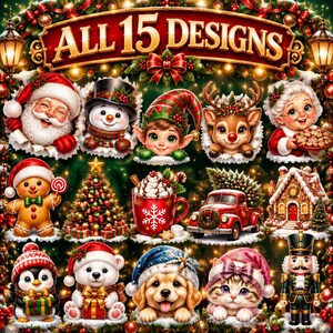 Paquete de imágenes prediseñadas navideñas Vol. 2 Parte 1 / 15 PNG transparentes / Papá Noel asomándose, muñeco de nieve, cachorro, gatito / Uso comercial imagen 2