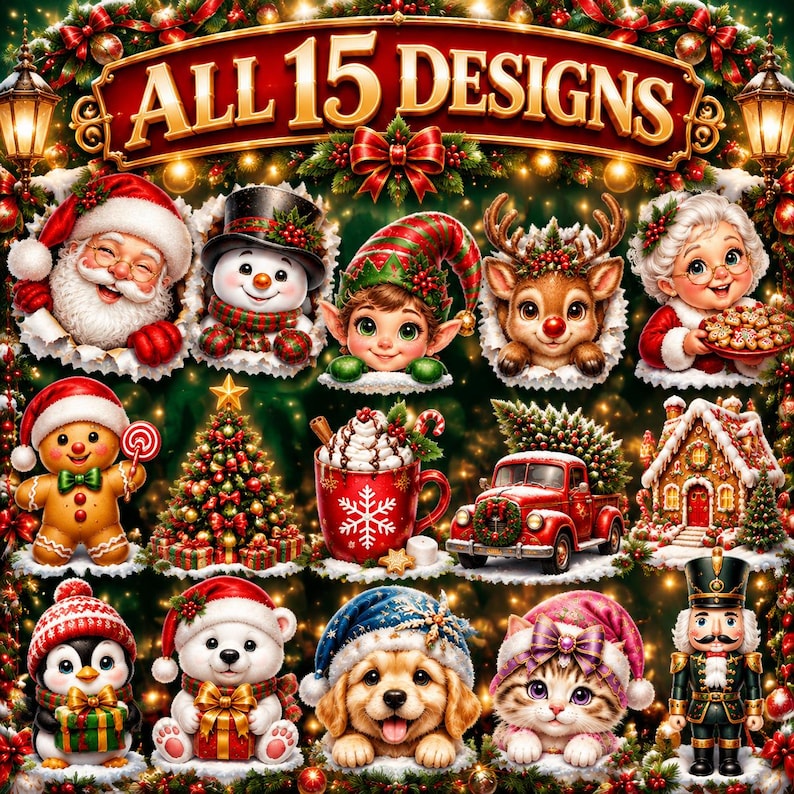Paquete de imágenes prediseñadas navideñas Vol. 2 Parte 1 / 15 PNG transparentes / Papá Noel asomándose, muñeco de nieve, cachorro, gatito / Uso comercial imagen 2