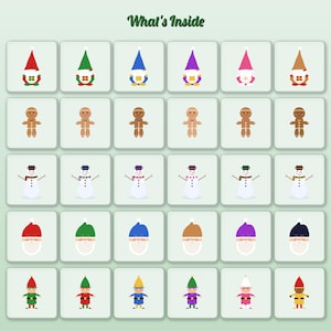 May include: A grid of thirty icons labelled What's Inside, featuring rows of gnomes, gingerbread people, snowmen, Santa Claus faces, and elves in various colours, including red, green, blue, purple, pink, brown, and white on light squares.