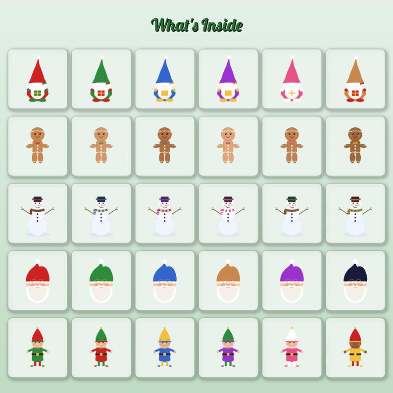 May include: A grid of thirty icons labelled What's Inside, featuring rows of gnomes, gingerbread people, snowmen, Santa Claus faces, and elves in various colours, including red, green, blue, purple, pink, brown, and white on light squares.