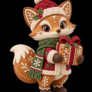 Puede incluir: Una figura de zorro de pan de jengibre con un gorro de punto rojo con pomp&oacute;n crema, una bufanda verde y una chaqueta roja con ribete crema. El zorro sostiene un regalo cuadrado con lazo rojo, bayas de acebo y patrones de copos de nieve.
