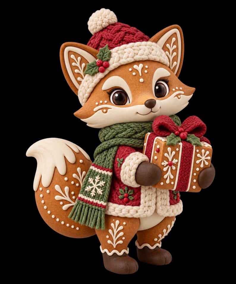 Puede incluir: Una figura de zorro de pan de jengibre con un gorro de punto rojo con pomp&oacute;n crema, una bufanda verde y una chaqueta roja con ribete crema. El zorro sostiene un regalo cuadrado con lazo rojo, bayas de acebo y patrones de copos de nieve.