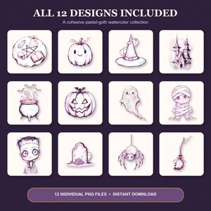 May include: A collection of 12 watercolor illustrations featuring Halloween-themed icons including a pumpkin, witch hat, haunted house, cauldron, ghost, mummy, Frankenstein-style character, tombstone, spider, and broomstick.