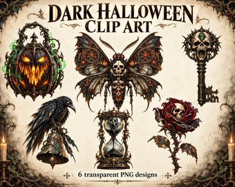 Midnight Reliquary Gothic Halloween Clip Art, 6 Transparent PNG, Raven Death Moth Lantern, Halloween Sublimation PNG, Dark Academia Art