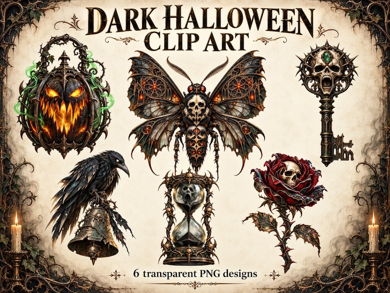 May include: A collection of six digital illustrations labeled Dark Halloween Clip Art, featuring a glowing jack-o'-lantern, a moth with skull markings, an ornate skeleton key, a raven on a bell, an hourglass, and a skull inside a red rose.