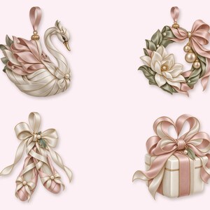 May include: A set of four hanging ornaments featuring a swan, a floral wreath, ballet slippers, and a gift box, all crafted with cream and dusty pink satin ribbons, small pearl accents, and gold-toned hardware for decorative display.