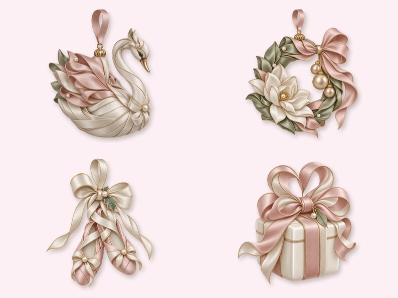 May include: A set of four hanging ornaments featuring a swan, a floral wreath, ballet slippers, and a gift box, all crafted with cream and dusty pink satin ribbons, small pearl accents, and gold-toned hardware for decorative display.
