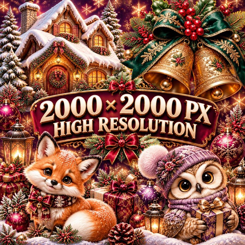 May include: A festive holiday scene featuring a cozy snow-covered cottage, golden bells with red berries, and a banner reading 2000 x 2000 PX HIGH RESOLUTION. A small fox and an owl wearing a purple hat are surrounded by gifts and ornaments.