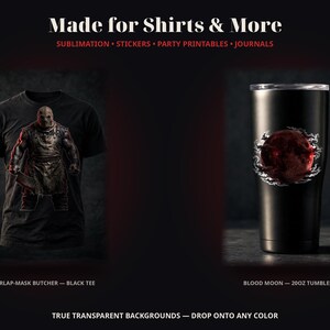 K&ouml;nnte beinhalten: Ein schwarzes T-Shirt mit einer Grafik eines Metzgers mit Jutesackmaske und Sch&uuml;rze, der ein Hackbecher h&auml;lt, sowie ein schwarzer 591-ml-Becher mit einer roten Blutmond-Grafik, umgeben von wei&szlig;en Rauchschwaden vor dunklem Hintergrund.