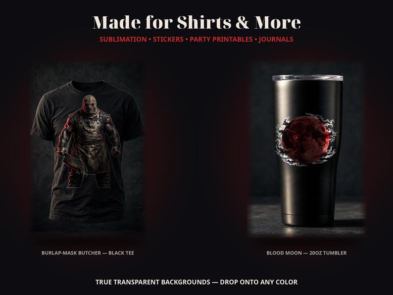 K&ouml;nnte beinhalten: Ein schwarzes T-Shirt mit einer Grafik eines Metzgers mit Jutesackmaske und Sch&uuml;rze, der ein Hackbecher h&auml;lt, sowie ein schwarzer 591-ml-Becher mit einer roten Blutmond-Grafik, umgeben von wei&szlig;en Rauchschwaden vor dunklem Hintergrund.