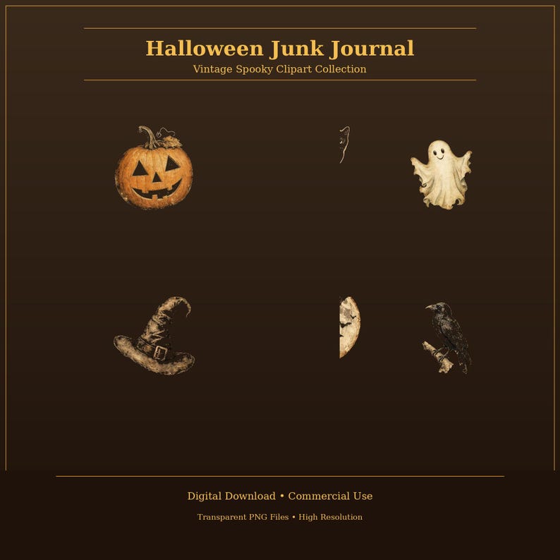 May include: A digital collection titled Halloween Junk Journal Vintage Spooky Clipart Collection featuring a carved orange pumpkin, a white ghost, a dark witch hat, a crescent moon, and a black raven on a dark brown background.