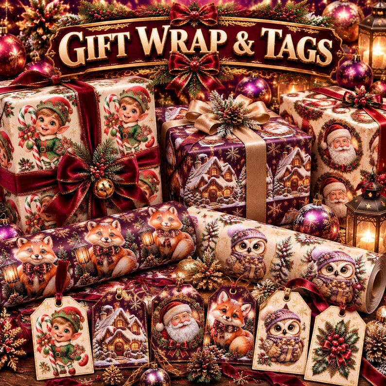 May include: A collection of gift wrap and tags featuring festive illustrations of elves, foxes, owls, and Santa Claus. The wrapping paper and tags display snowy landscapes, pine branches, and red bows. The text GIFT WRAP & TAGS is visible.