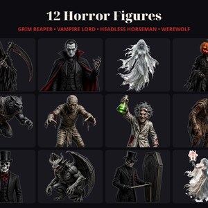 May include: A collection of 12 horror figures labeled 12 Horror Figures, including a Grim Reaper, Vampire Lord, Headless Horseman, and Werewolf. The grid displays various supernatural characters such as a mummy, a scientist with a green potion, a skeleton in a top hat, a gargoyle, and ghostly apparitions.