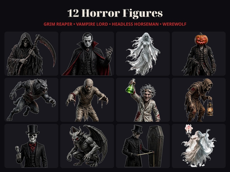May include: A collection of 12 horror figures labeled 12 Horror Figures, including a Grim Reaper, Vampire Lord, Headless Horseman, and Werewolf. The grid displays various supernatural characters such as a mummy, a scientist with a green potion, a skeleton in a top hat, a gargoyle, and ghostly apparitions.