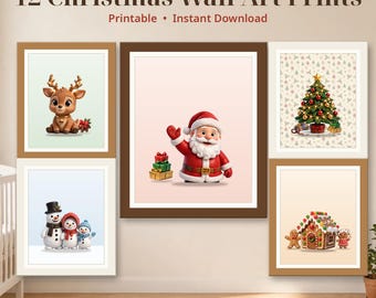 May include: A set of 12 Christmas wall art prints featuring illustrations of a reindeer, Santa Claus waving, a decorated Christmas tree, three snowmen, and a gingerbread house. The text reads 12 Christmas Wall Art Prints Printable Instant Download.