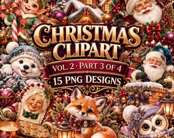 Christmas Clipart Bundle Vol. 2 Part 3 | 15 Transparent PNG | Round Badges, Cozy Cottage, Carolers, Fox | Commercial Use