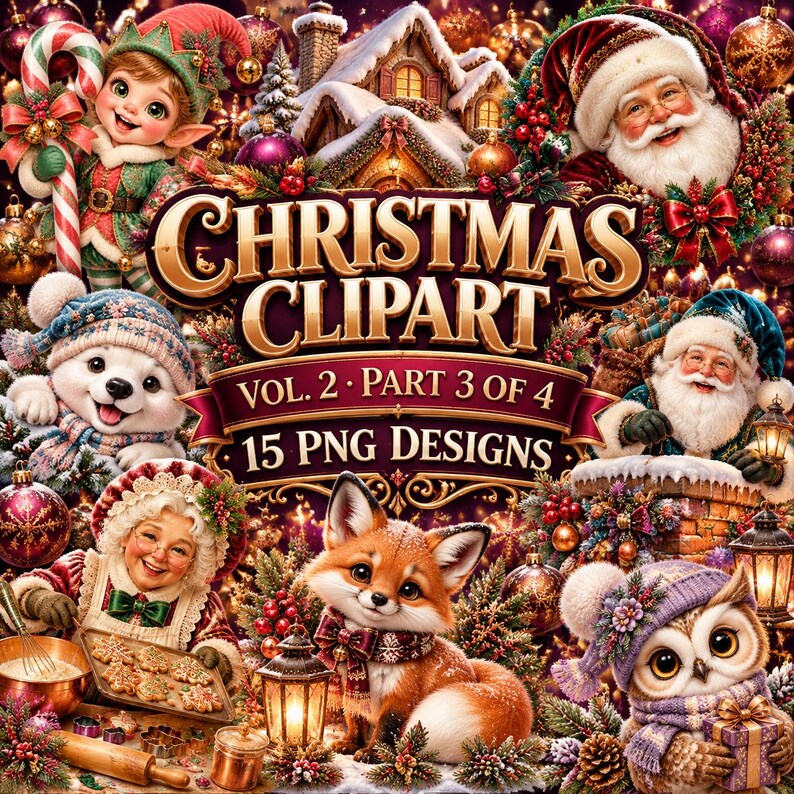 May include: A digital collection of Christmas clipart featuring Santa Claus, an elf, a polar bear, Mrs. Claus, a fox, and an owl. The image includes the text CHRISTMAS CLIPART, VOL. 2, PART 3 OF 4, and 15 PNG DESIGNS, surrounded by festive ornaments.