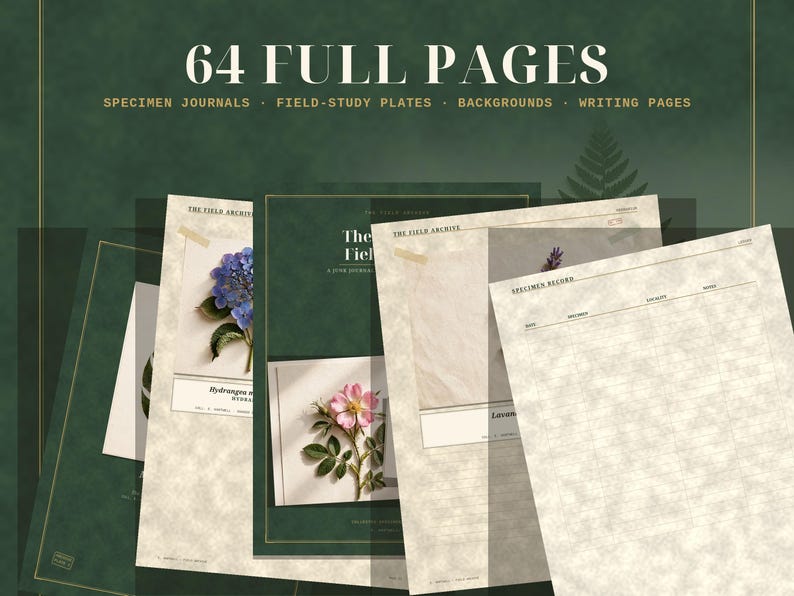 May include: A collection of 64 full pages featuring specimen journals, field-study plates, backgrounds, and writing pages. The pages display botanical illustrations of hydrangeas and roses, with text including The Field Archive.