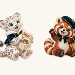 May include: Two animal figurines: a white snow leopard cub with grey spots wearing a dark teal cape and holding a gift box with a gold star, and a red panda with a striped tail wearing a dark teal beret and holding a gold star lantern.