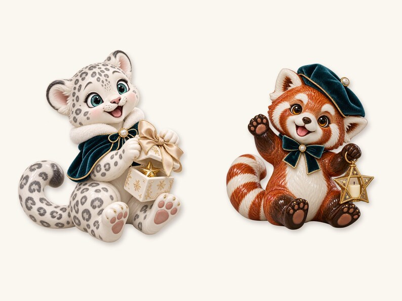 May include: Two animal figurines: a white snow leopard cub with grey spots wearing a dark teal cape and holding a gift box with a gold star, and a red panda with a striped tail wearing a dark teal beret and holding a gold star lantern.