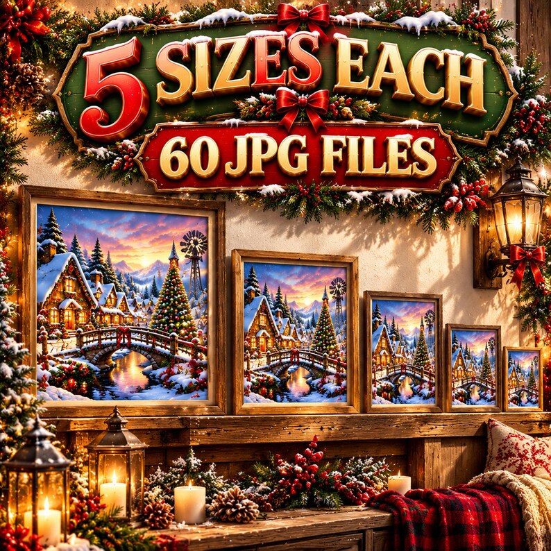 Christmas Wall Art Prints Vol. 2 | 12 Prints in 5 Sizes Each | Cozy Village, Cardinals, Gingerbread | Personal Use image 3