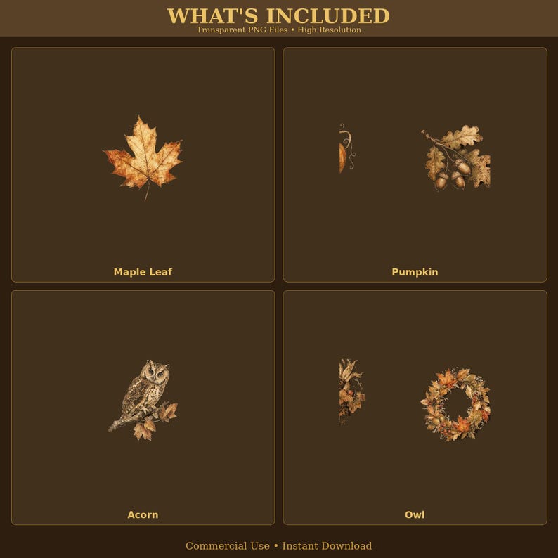 May include: A digital collection of four autumn-themed illustrations featuring a golden maple leaf, a cluster of brown acorns on oak leaves, a detailed owl perched on a branch, and a circular wreath made of colorful fall foliage.