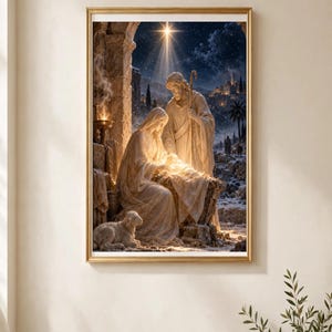 May include: A framed wall art print depicting a nativity scene with two figures in robes gathered around a glowing infant in a manger. A small lamb rests nearby under a stone archway, while a bright star shines in the dark night sky above.