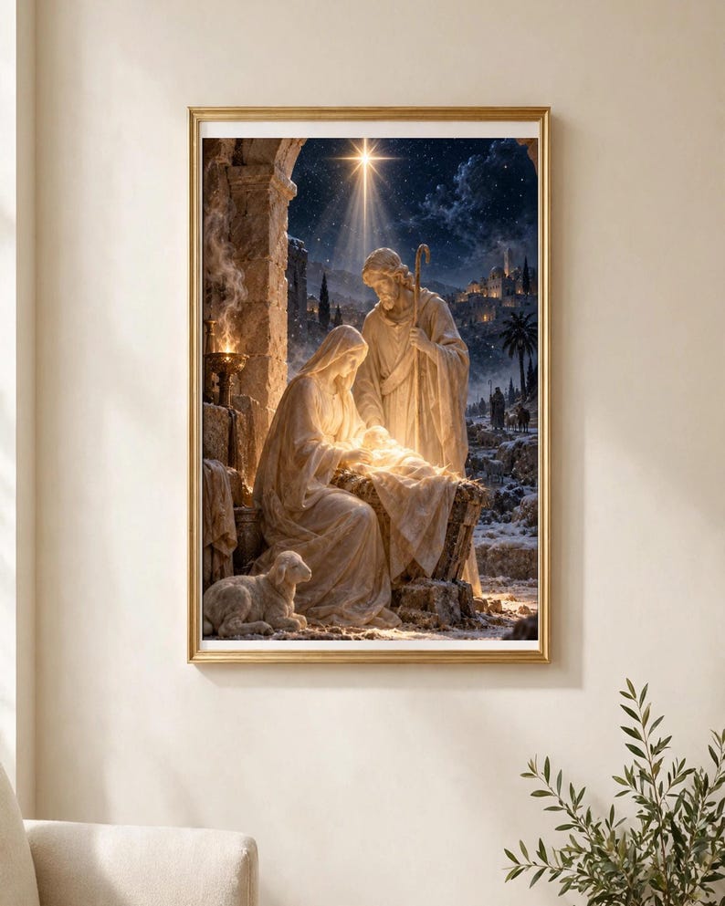 May include: A framed wall art print depicting a nativity scene with two figures in robes gathered around a glowing infant in a manger. A small lamb rests nearby under a stone archway, while a bright star shines in the dark night sky above.