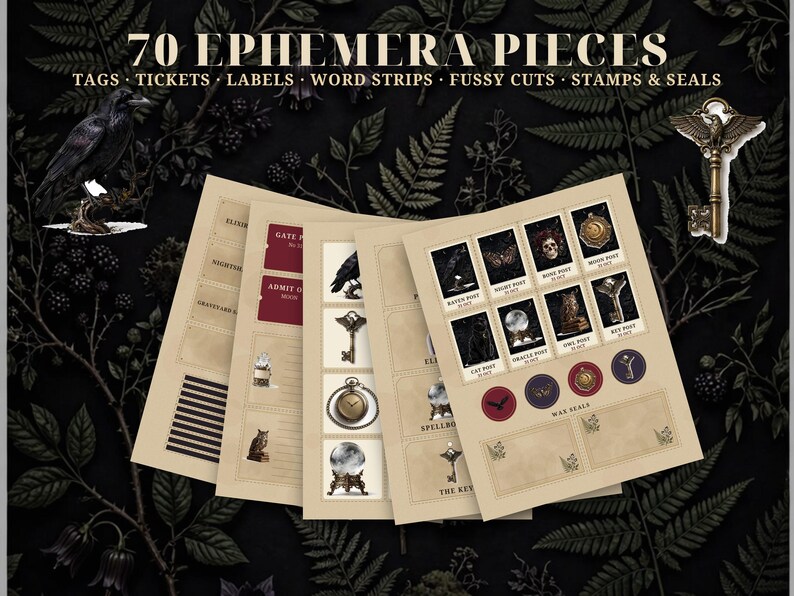 May include: A collection of 70 ephemera pieces including tags, tickets, labels, word strips, fussy cuts, stamps, and seals. The paper sheets feature vintage-style graphics of ravens, keys, clocks, and celestial motifs on a cream background.