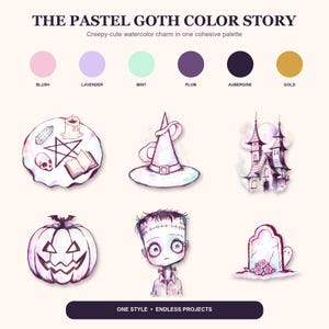 May include: A digital color palette titled THE PASTEL GOTH COLOR STORY featuring blush, lavender, mint, plum, aubergine, and gold circles. Below are watercolor illustrations of a pentagram, witch hat, haunted house, pumpkin, monster, and tombstone.