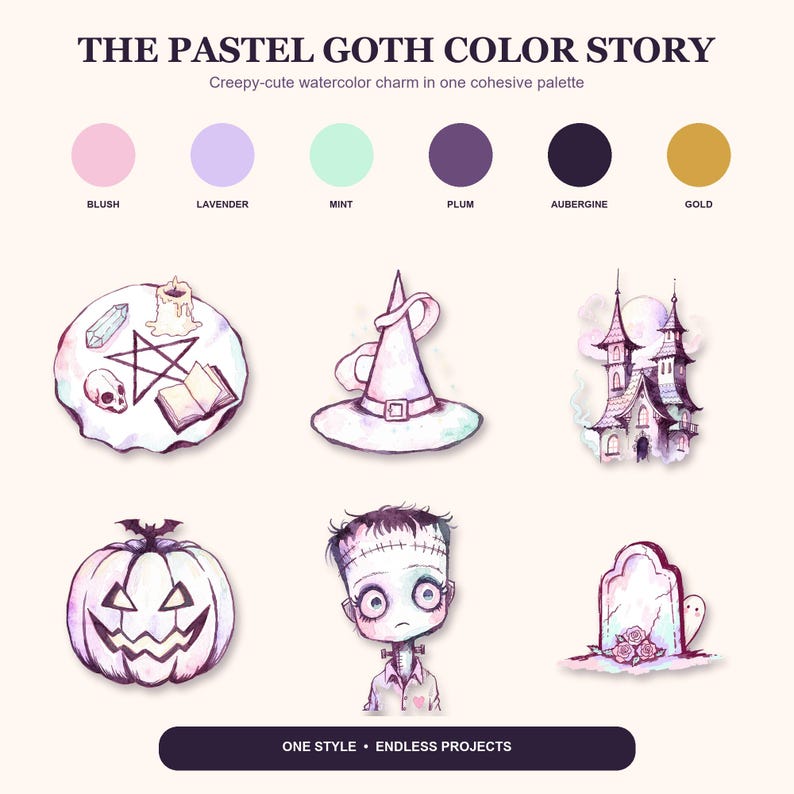May include: A digital color palette titled THE PASTEL GOTH COLOR STORY featuring blush, lavender, mint, plum, aubergine, and gold circles. Below are watercolor illustrations of a pentagram, witch hat, haunted house, pumpkin, monster, and tombstone.