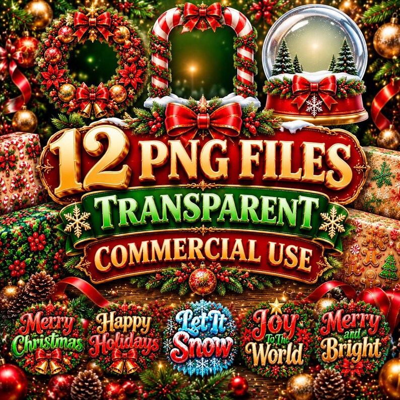 Christmas Word Art Patterns Frames Vol. 2 Extras | 12 Transparent PNG | Merry Christmas, Let It Snow | Commercial Use image 8