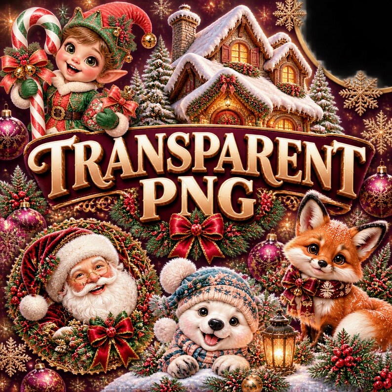 May include: A festive Christmas-themed graphic featuring a smiling elf holding a candy cane, Santa Claus in a wreath, a polar bear in a winter hat, and a fox, all surrounding a central banner with the text TRANSPARENT PNG.