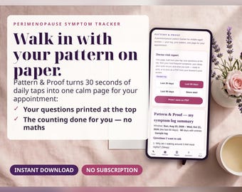 Perimenopause Symptom Tracker for Middle-Aged Women — 30-Second Check-In, Pattern Charts & Printable Doctor Visit Report | No Subscription