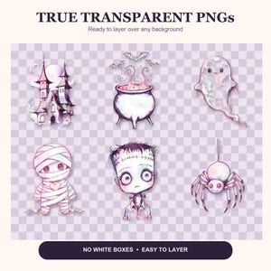 May include: A digital collection of six watercolor-style Halloween illustrations featuring a haunted house, a bubbling cauldron with bats, a ghost, a mummy, a Frankenstein-inspired character, and a spider, all set against a transparent grid.