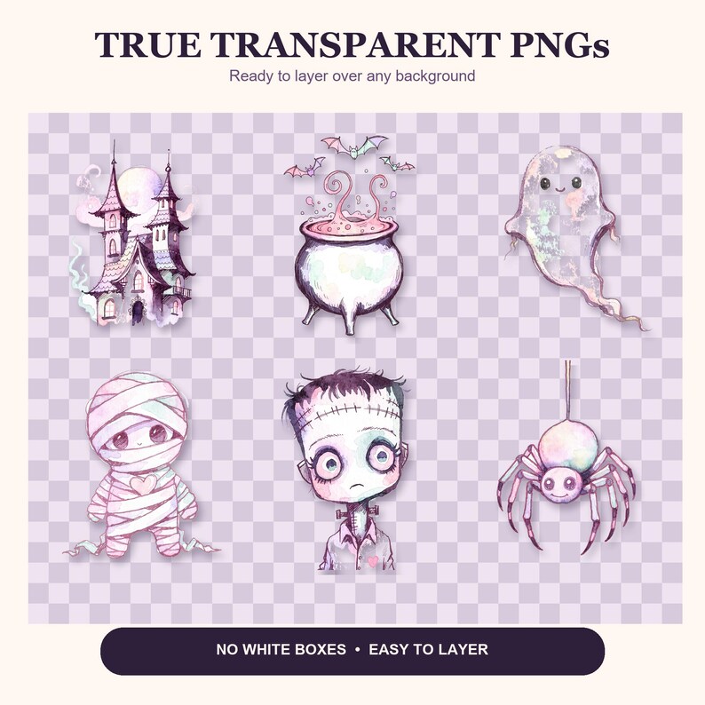 May include: A digital collection of six watercolor-style Halloween illustrations featuring a haunted house, a bubbling cauldron with bats, a ghost, a mummy, a Frankenstein-inspired character, and a spider, all set against a transparent grid.