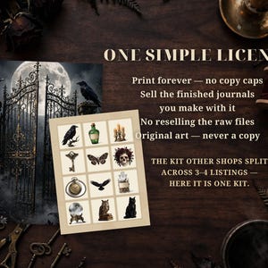 May include: A digital art kit featuring a gothic gate scene with ravens and a full moon, alongside a grid of twelve vintage-style illustrations including a skull, owl, black cat, and pocket watch, with text reading ONE SIMPLE LICENSE.