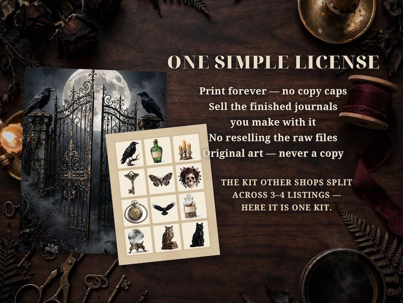 May include: A digital art kit featuring a gothic gate scene with ravens and a full moon, alongside a grid of twelve vintage-style illustrations including a skull, owl, black cat, and pocket watch, with text reading ONE SIMPLE LICENSE.