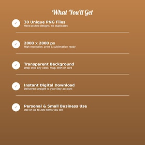 May include: A brown digital information graphic titled What You'll Get, listing five features: 30 Unique PNG Files, 2000 x 2000 px resolution, Transparent Background, Instant Digital Download, and Personal & Small Business Use.