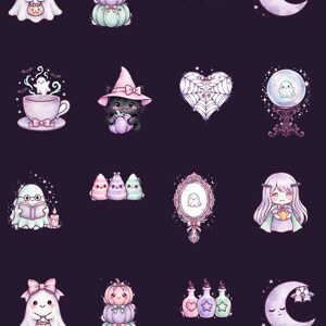 May include: A collection of pastel-colored stickers featuring ghosts, pumpkins, potion bottles, a crescent moon, a teacup, a black cat in a witch hat, a spiderweb heart, a crystal ball, a mirror, and a character with long purple hair.