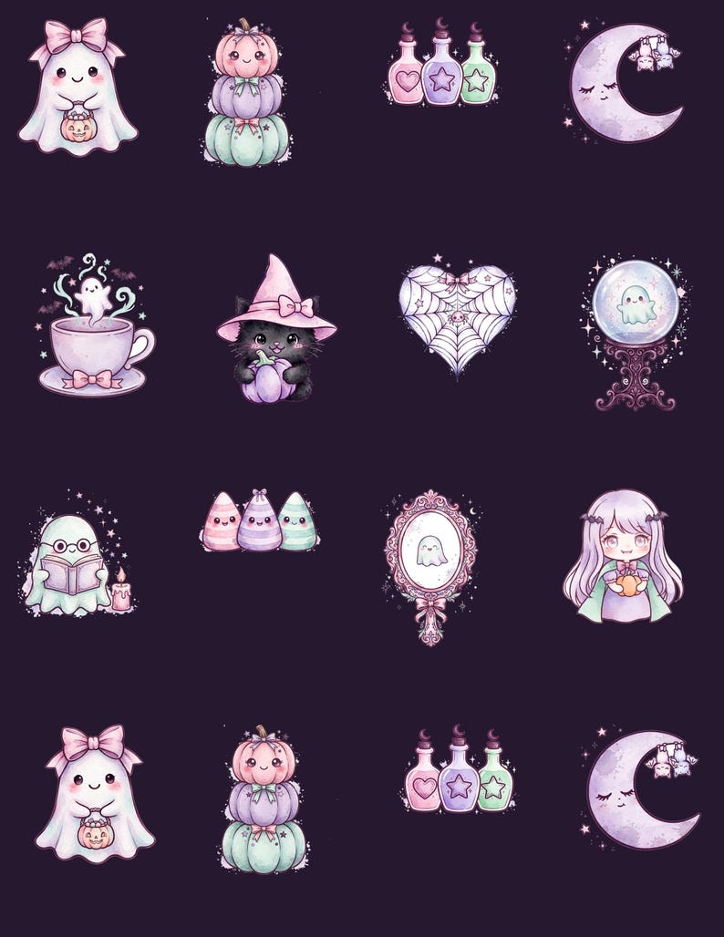 May include: A collection of pastel-colored stickers featuring ghosts, pumpkins, potion bottles, a crescent moon, a teacup, a black cat in a witch hat, a spiderweb heart, a crystal ball, a mirror, and a character with long purple hair.