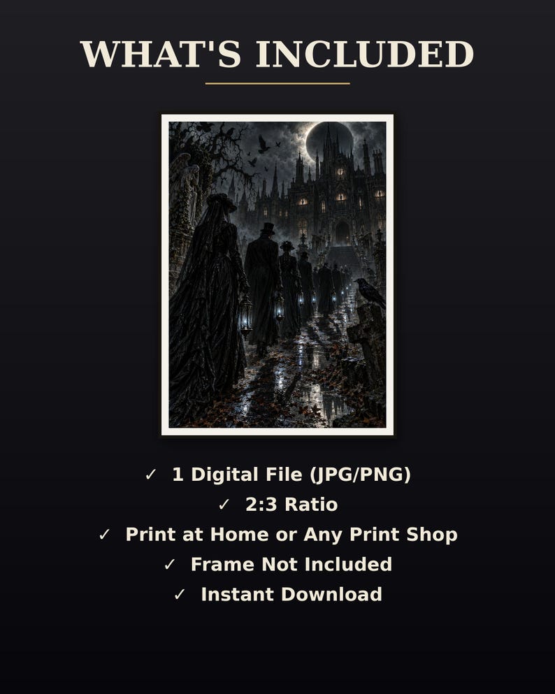 K&ouml;nnte beinhalten: Ein digitaler Kunstdruck mit einer dunklen, gotischen Szene, in der Figuren in viktorianischer Kleidung unter einer Mondsichel auf ein Schloss zugehen. Der Text umfasst WHAT'S INCLUDED, 1 Digital File (JPG/PNG), 2:3 Ratio, Print at Home or Any Print Shop, Frame Not Included und Instant Download.